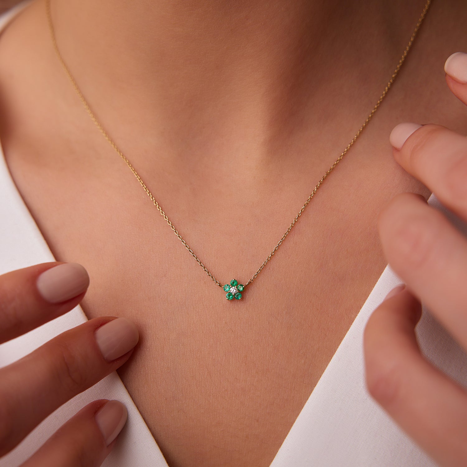 OBFJ1842 - Emerald and Diamond Flower Charm Necklace necklace in selectable metal and diamond options - Roselle Jewelry view 2