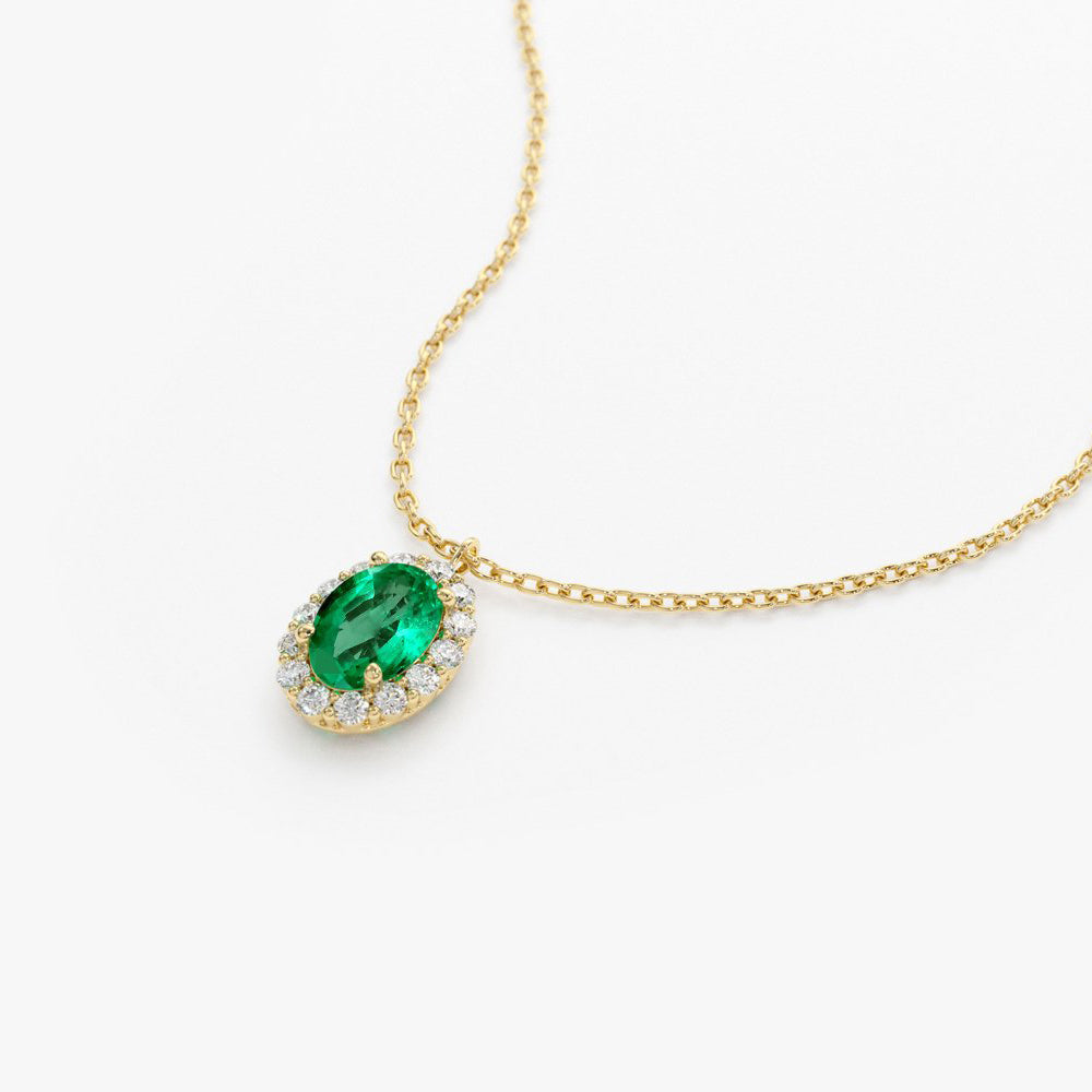 OBFJ1691 - 14K Gold Oval Cut Emerald Halo Diamond Necklace 7