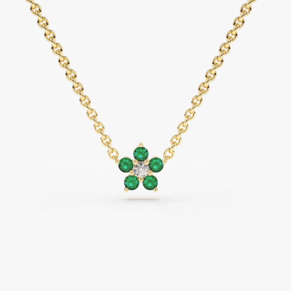 OBFJ1842 - Emerald and Diamond Flower Charm Necklace necklace in selectable metal and diamond options - Roselle Jewelry view 1