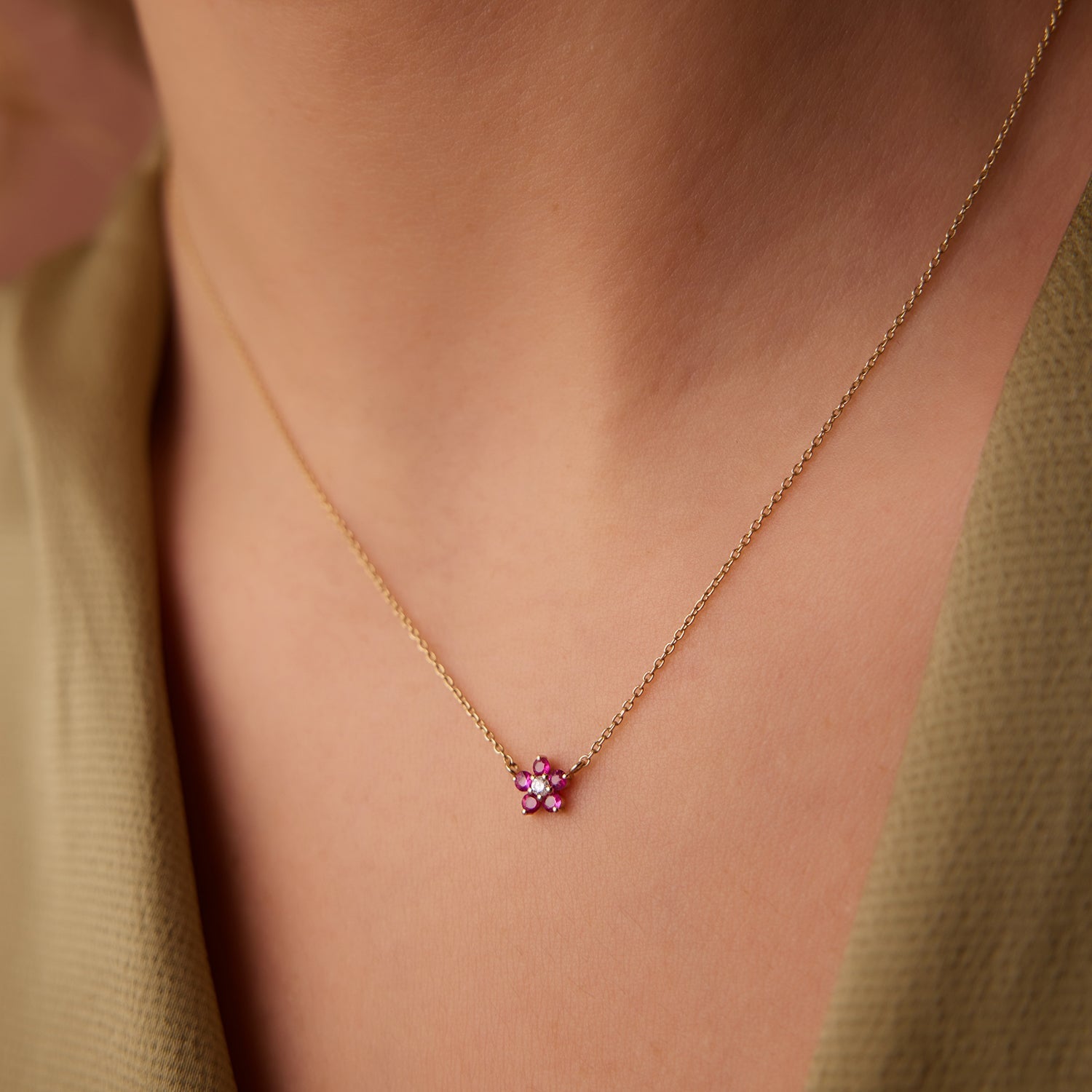 OBFJ1849 - Ruby and Diamond Flower Charm Necklace necklace in selectable metal and diamond options - Roselle Jewelry view 3