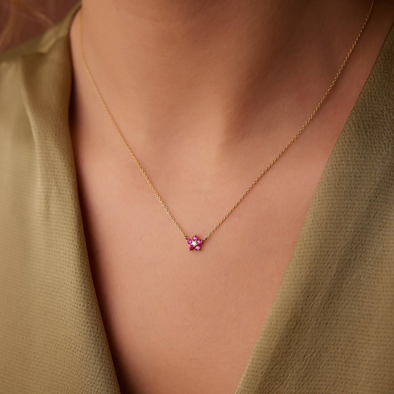 OBFJ1849 - Ruby and Diamond Flower Charm Necklace necklace in selectable metal and diamond options - Roselle Jewelry view 2