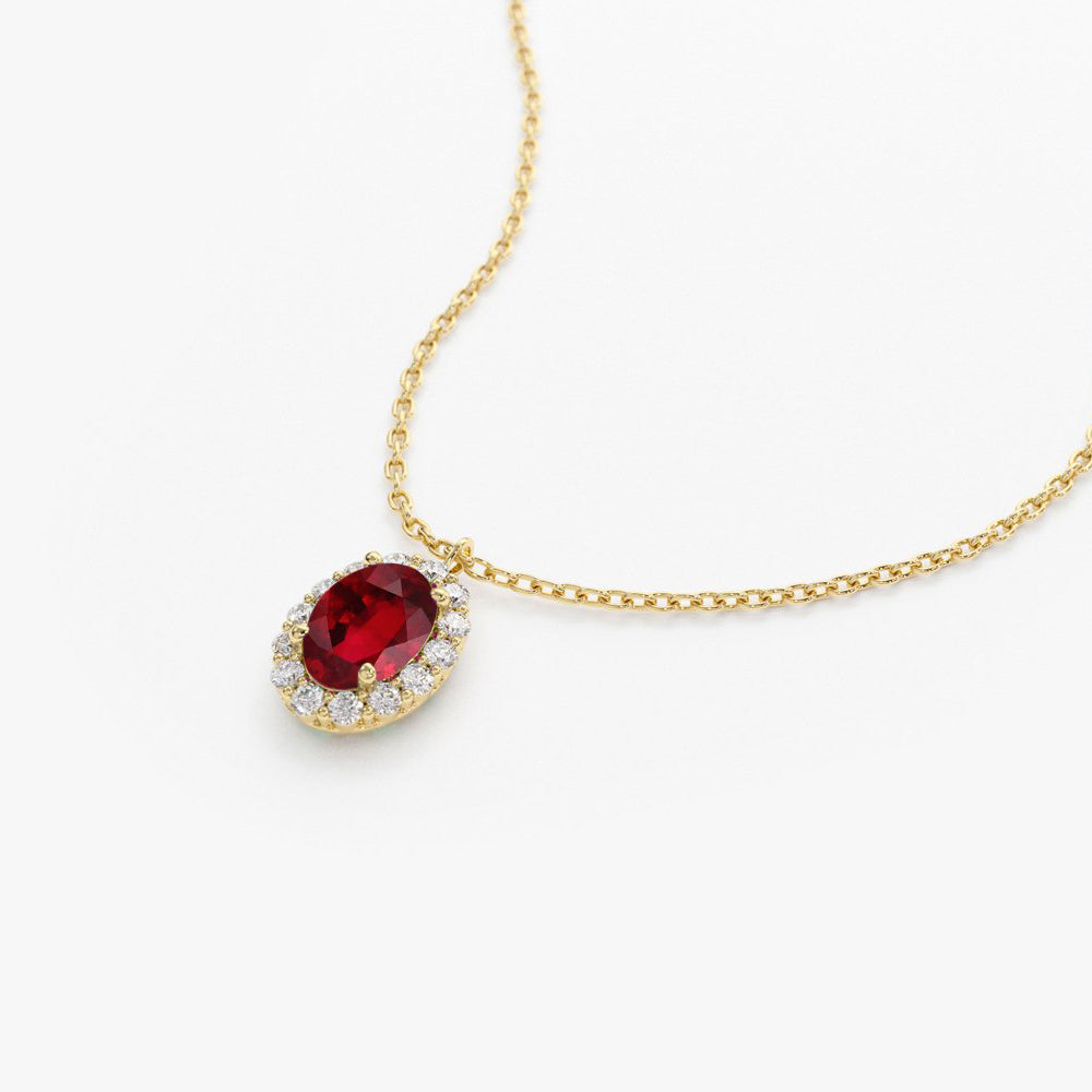 OBFJ1692 - 14K Gold Oval Cut Ruby Halo Diamond Necklace 5