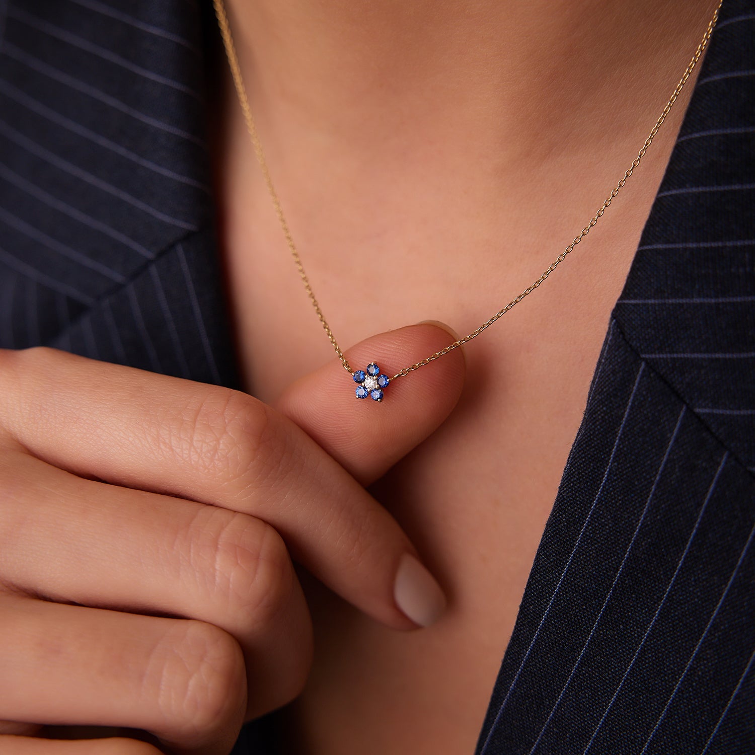 OBFJ1863 - Sapphire and Diamond Flower Charm Necklace necklace in selectable metal and diamond options - Roselle Jewelry view 2