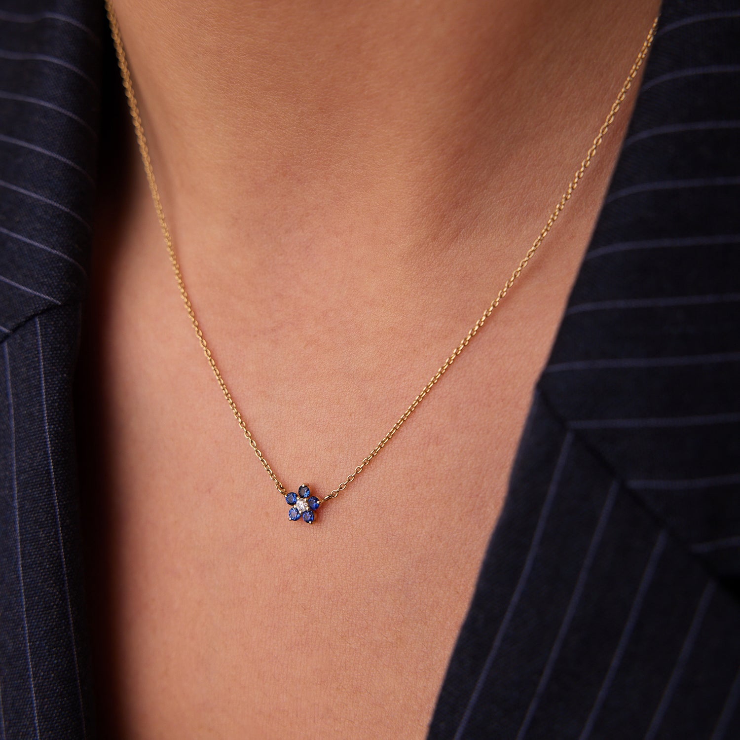 OBFJ1863 - Sapphire and Diamond Flower Charm Necklace necklace in selectable metal and diamond options - Roselle Jewelry view 3