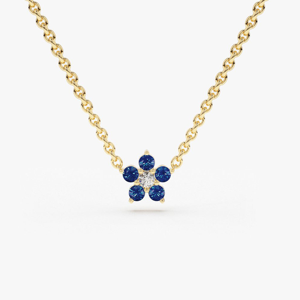 OBFJ1863 - Sapphire and Diamond Flower Charm Necklace necklace in selectable metal and diamond options - Roselle Jewelry view 1