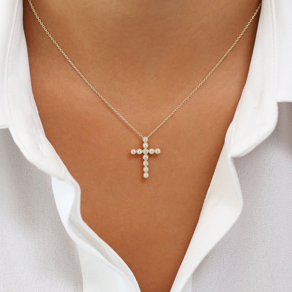 OBFJ1733 - 14K Gold Bezel Setting With Milgrain Diamond Cross Necklace 3