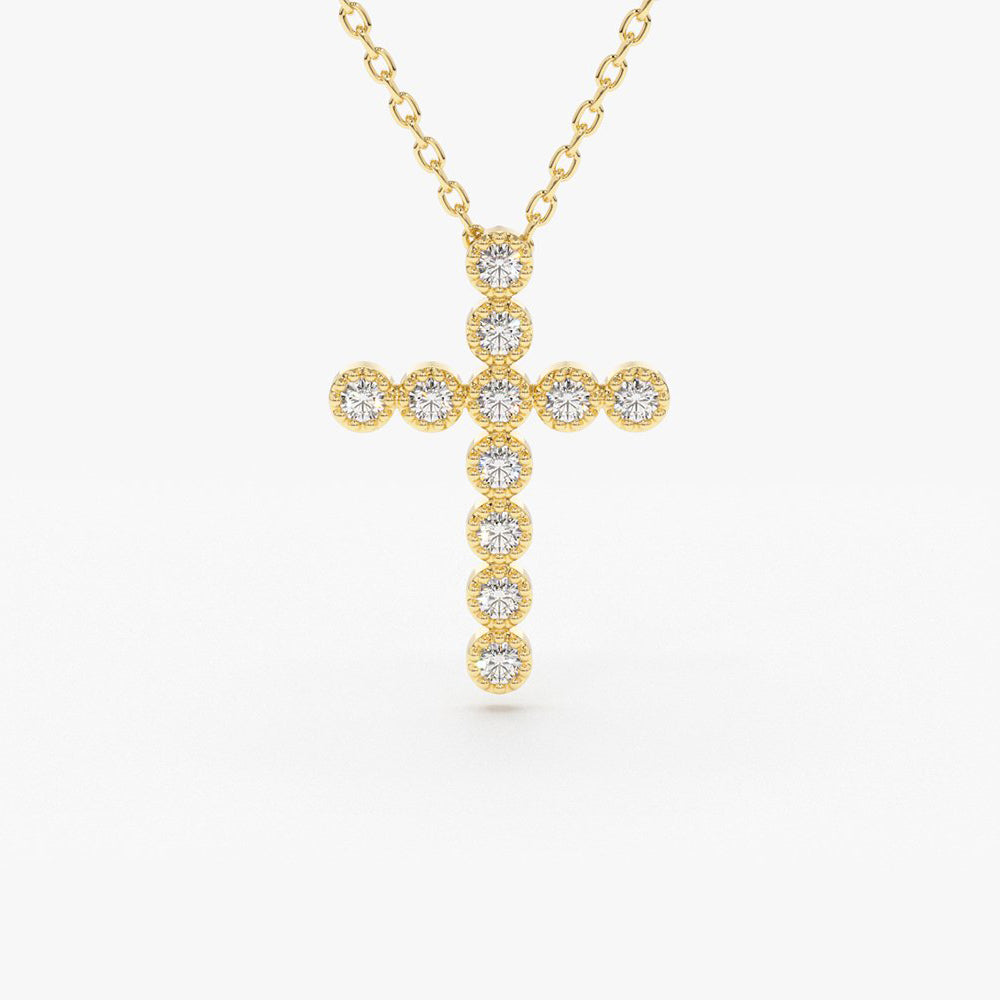 OBFJ1733 - 14K Gold Bezel Setting With Milgrain Diamond Cross Necklace 1