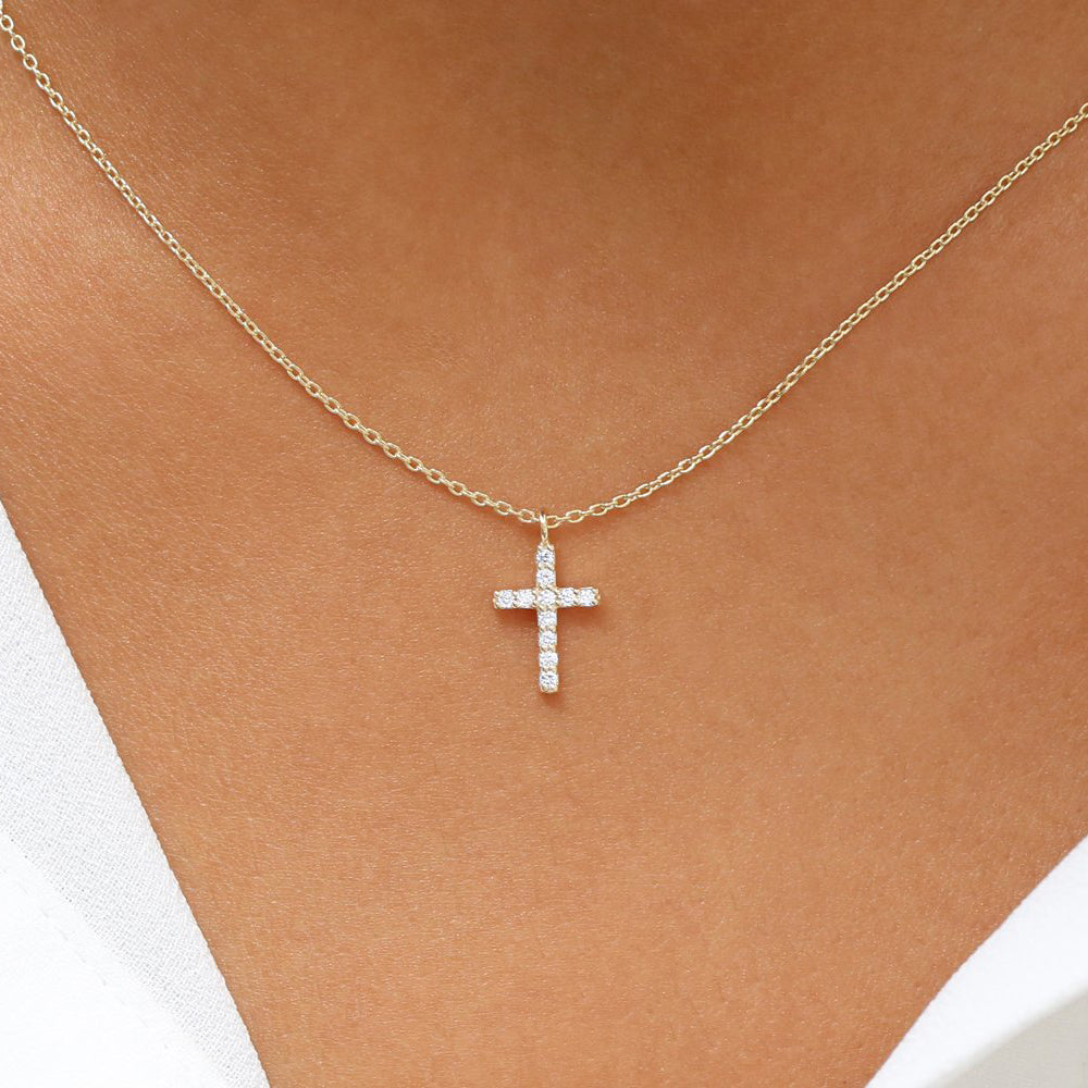 OBFJ1737 - 14K Gold Micro Pave Diamond Cross Necklace 2