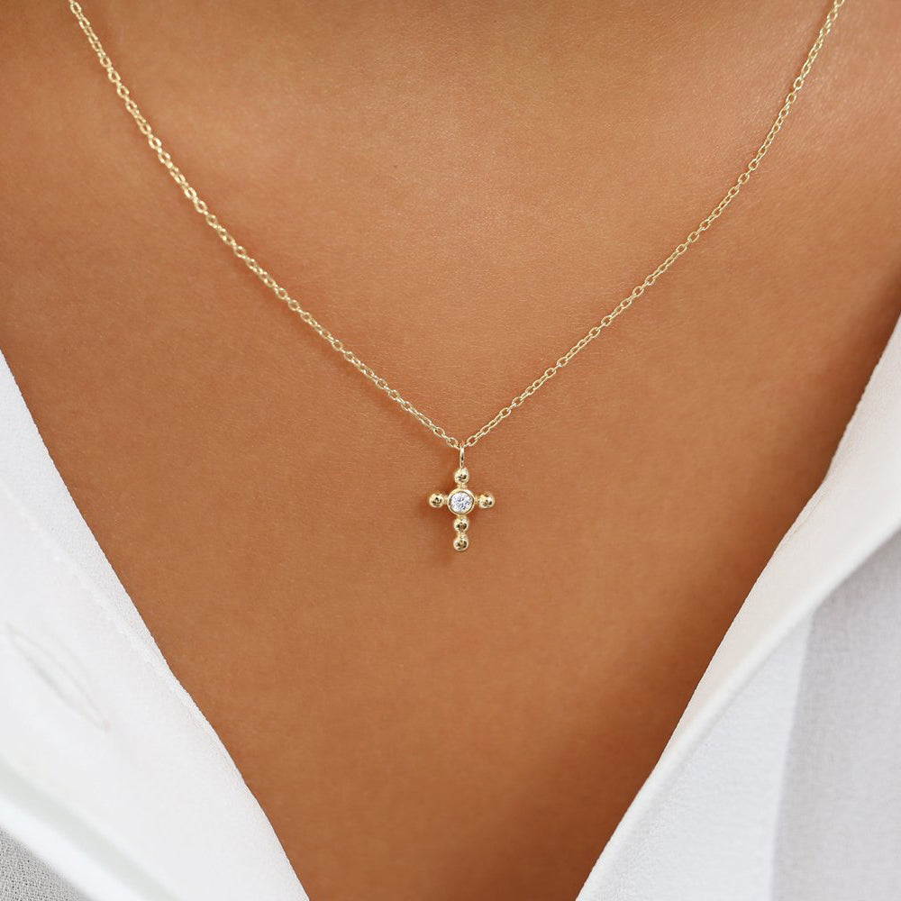 OBFJ1735 - 14K Gold Tiny Ball Diamond Cross Necklace 3