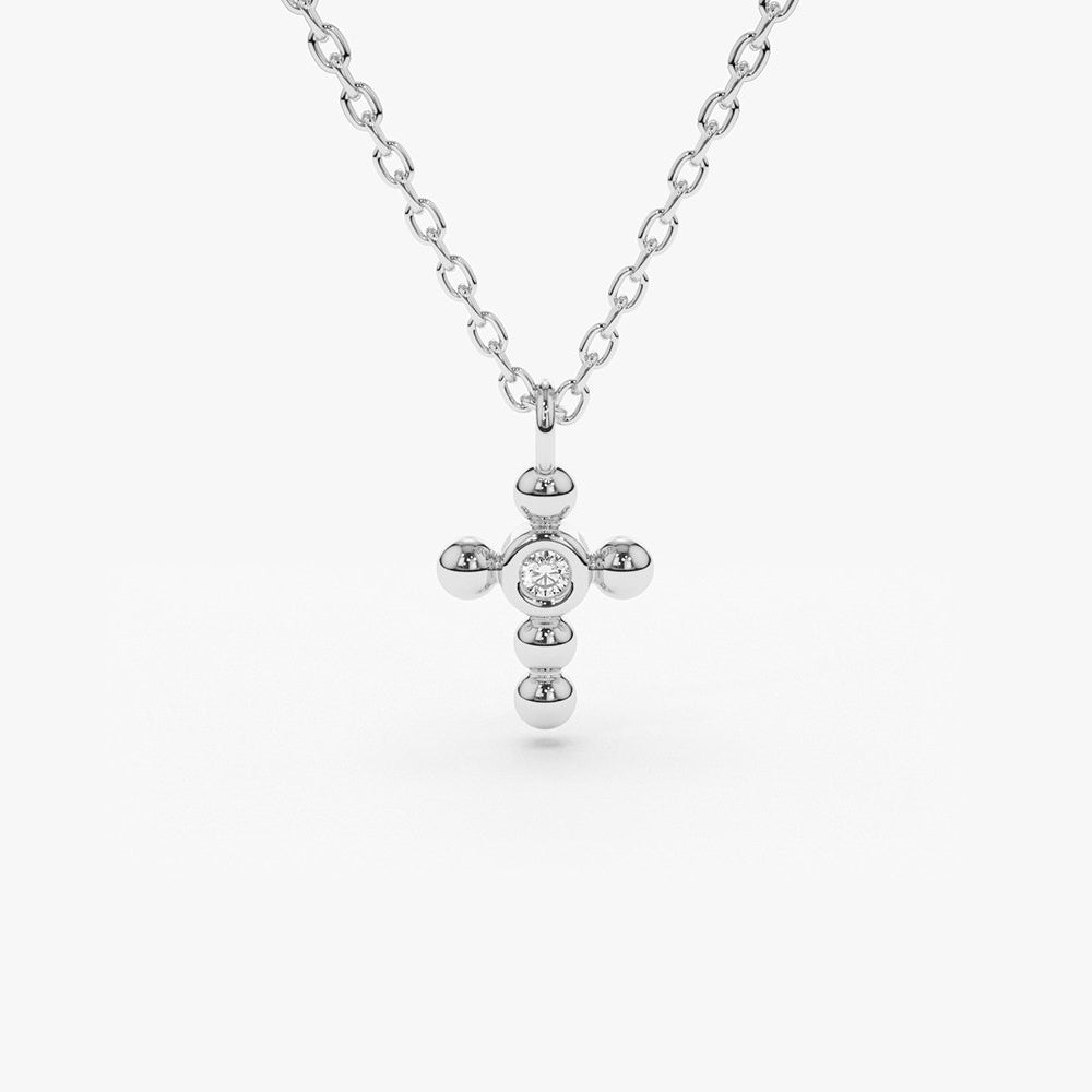 OBFJ1735 - 14K Gold Tiny Ball Diamond Cross Necklace 6