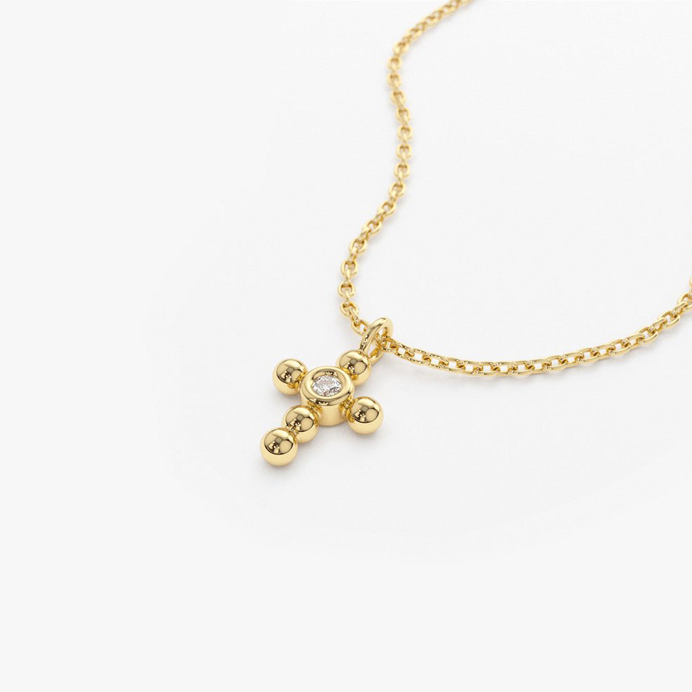 OBFJ1735 - 14K Gold Tiny Ball Diamond Cross Necklace 7