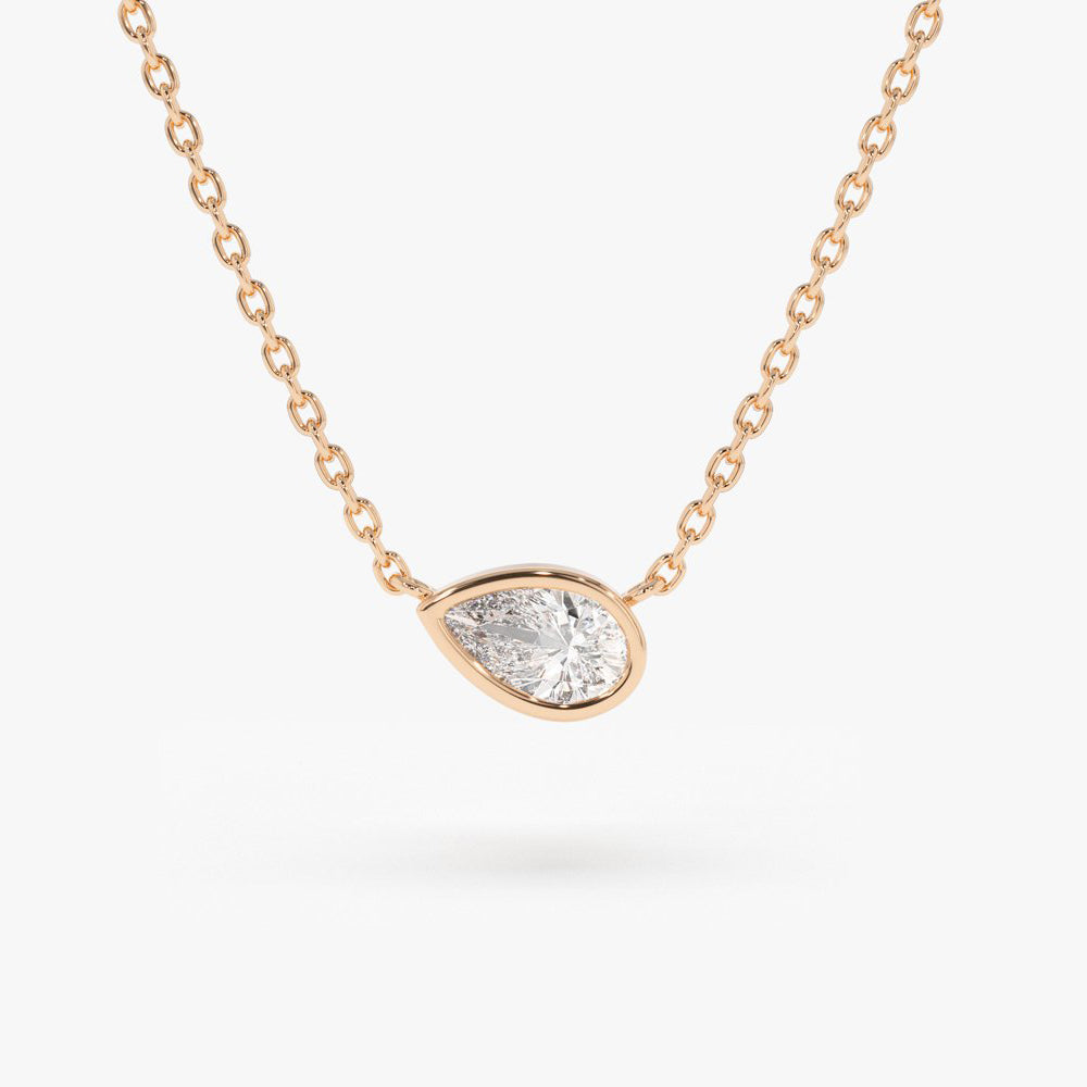 OBFJ1717 - 14K Gold Horizontal Pear Shape Diamond Solitaire Necklace 6