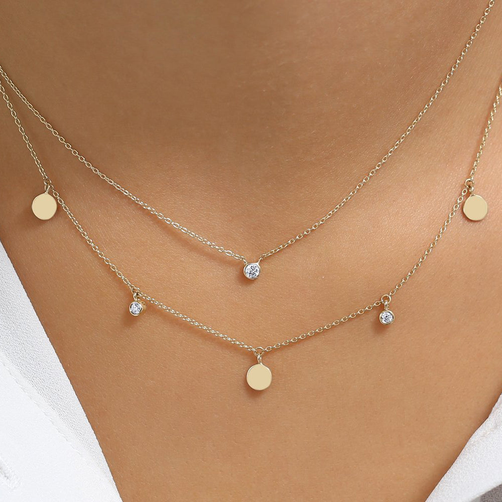 OBFJ1797 - Dangling Diamond Disc Necklace necklace in selectable metal and diamond options - Roselle Jewelry view 4