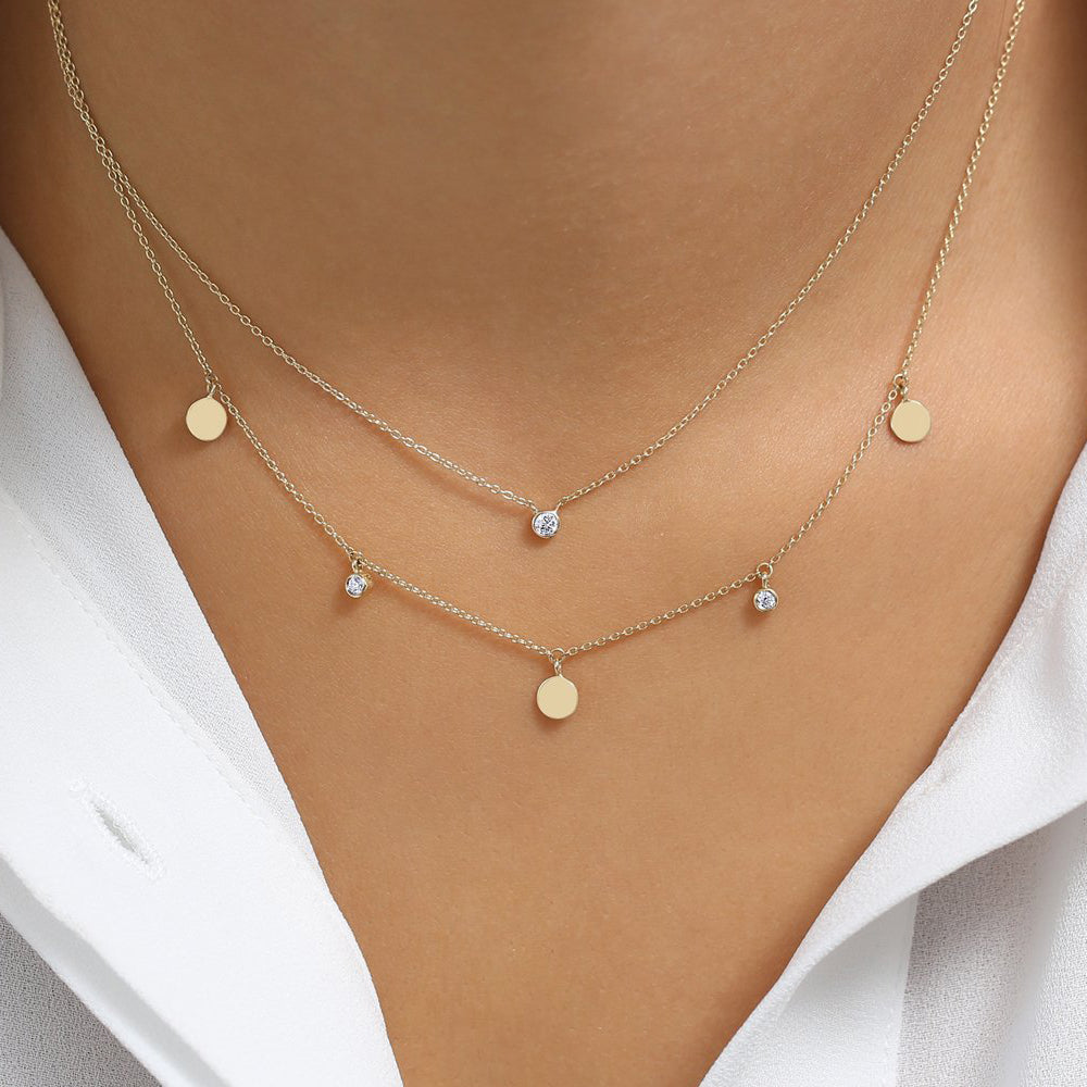 OBFJ1797 - Dangling Diamond Disc Necklace necklace in selectable metal and diamond options - Roselle Jewelry view 5