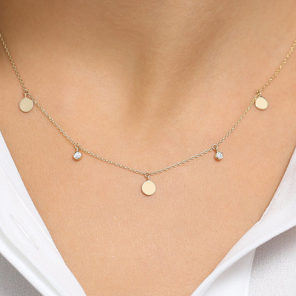 OBFJ1797 - Dangling Diamond Disc Necklace necklace in selectable metal and diamond options - Roselle Jewelry view 6
