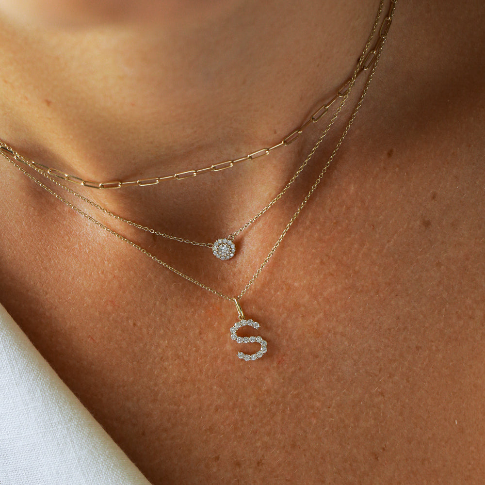 OBFJ2173 - Medium Size Diamond Initial Necklace necklace in selectable metal and diamond options - Roselle Jewelry view 2