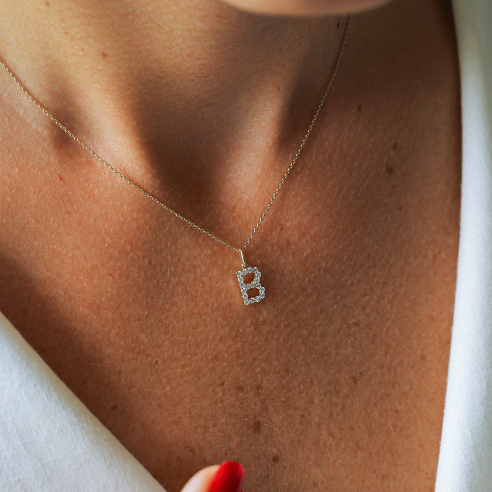 OBFJ2173 - Medium Size Diamond Initial Necklace necklace in selectable metal and diamond options - Roselle Jewelry view 3