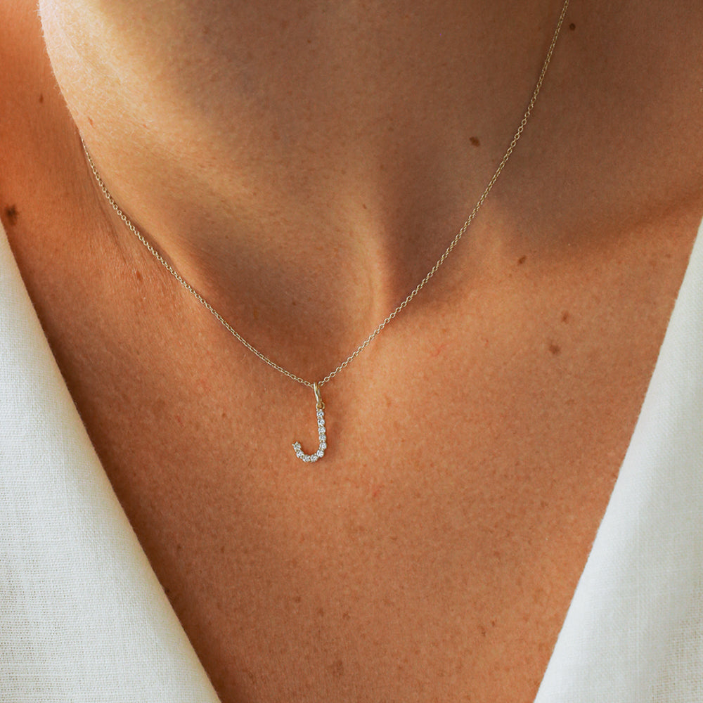 OBFJ2173 - Medium Size Diamond Initial Necklace necklace in selectable metal and diamond options - Roselle Jewelry view 6