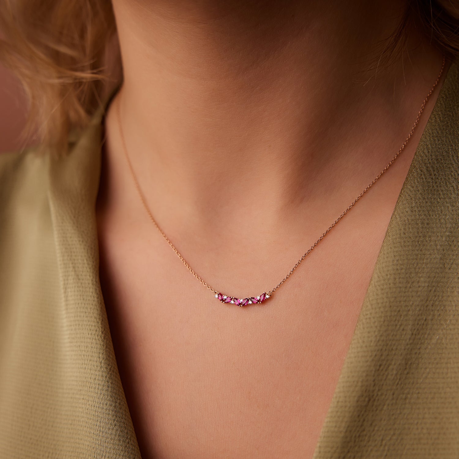 OBFJ1852 - Slanted Ruby and Round Diamond Necklace necklace in selectable metal and diamond options - Roselle Jewelry view 4