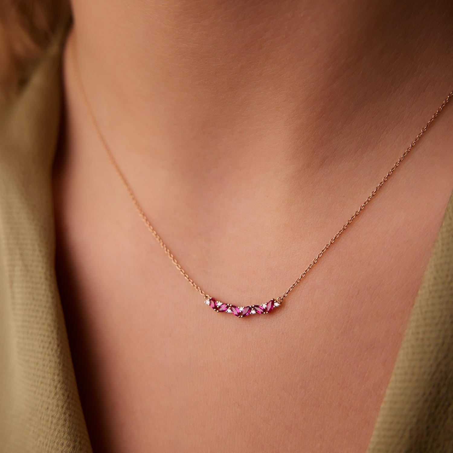 OBFJ1852 - Slanted Ruby and Round Diamond Necklace necklace in selectable metal and diamond options - Roselle Jewelry view 3
