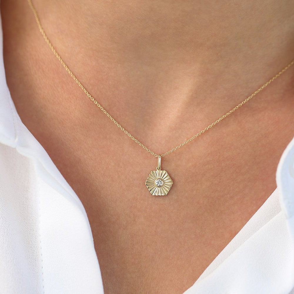 OBFJ1835 - Hexagon Diamond Disc Ray Necklace necklace in selectable metal and diamond options - Roselle Jewelry view 3