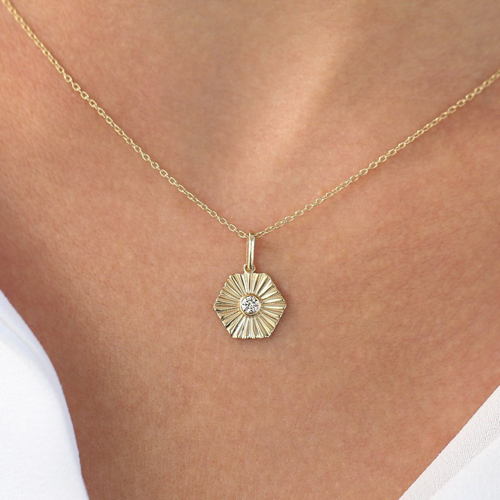 OBFJ0216 - 14K Rose Gold Hexagon Diamond Disc Ray Necklace 2