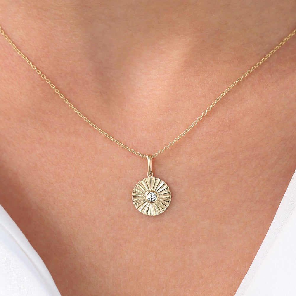 OBFJ0217 - 14K Rose Gold Diamond Disc Ray Necklace 2