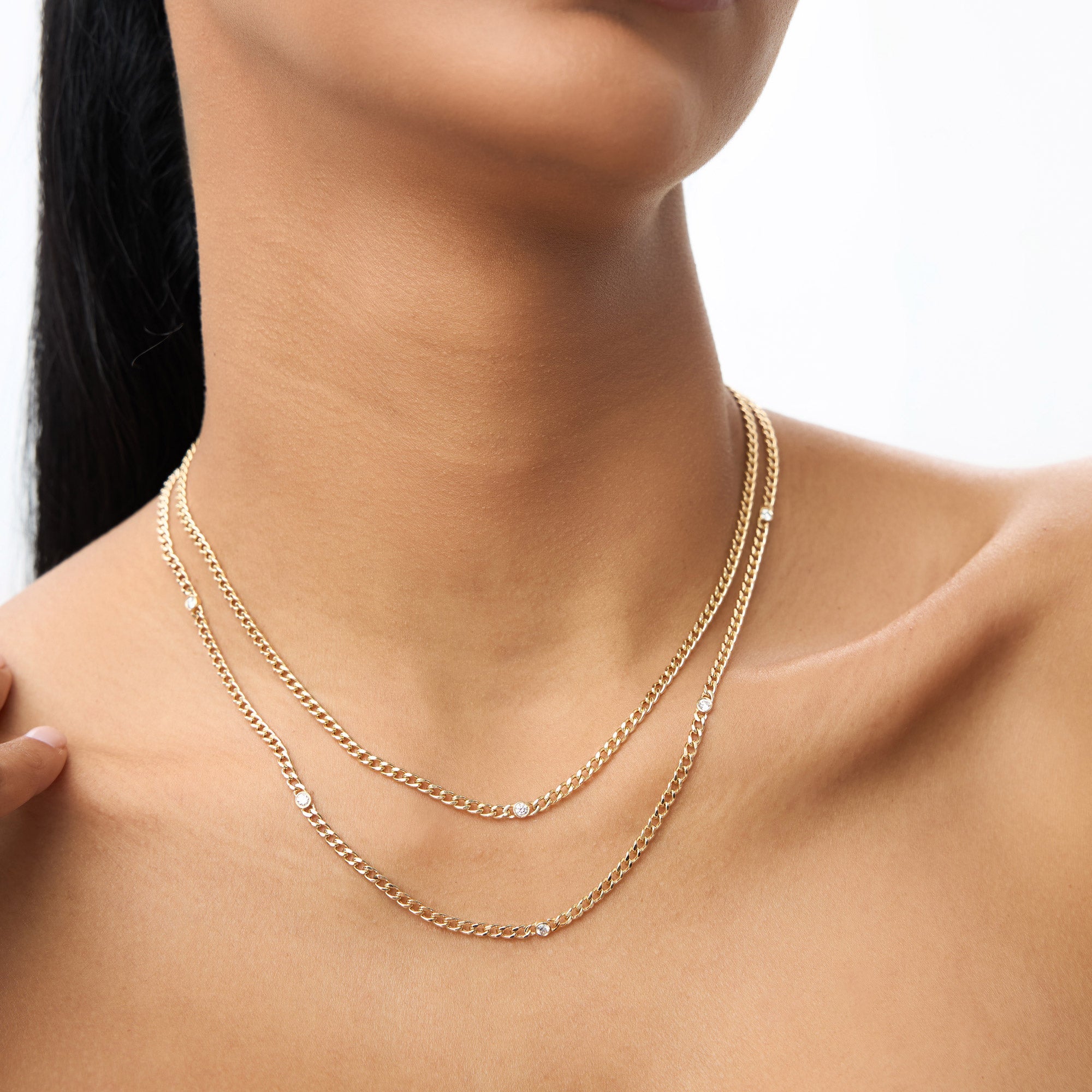 OBFJ2010 - Cuban Link Necklace w/ Bezel Setting Diamond necklace in selectable metal and diamond options - Roselle Jewelry view 2