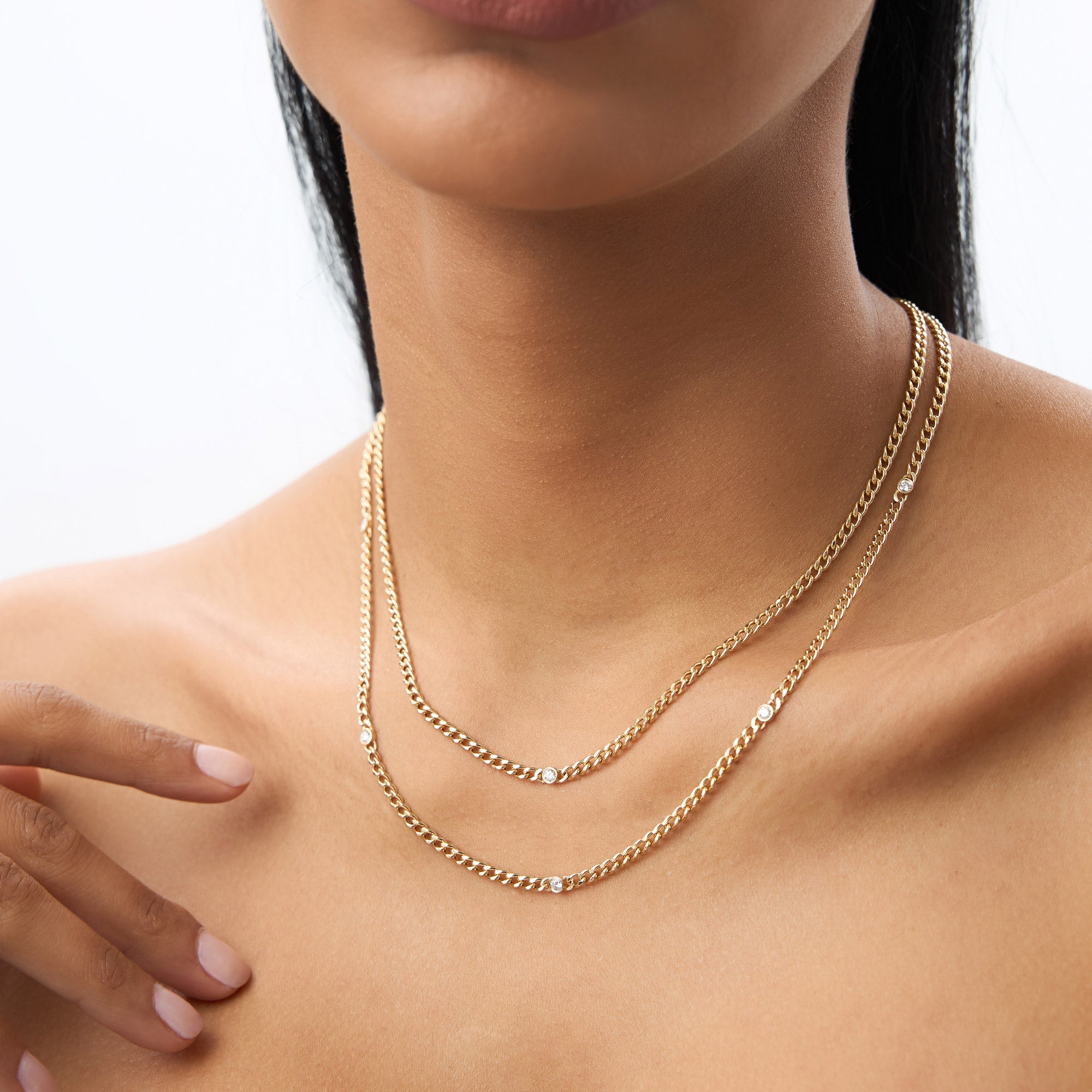 OBFJ2010 - Cuban Link Necklace w/ Bezel Setting Diamond necklace in selectable metal and diamond options - Roselle Jewelry view 3