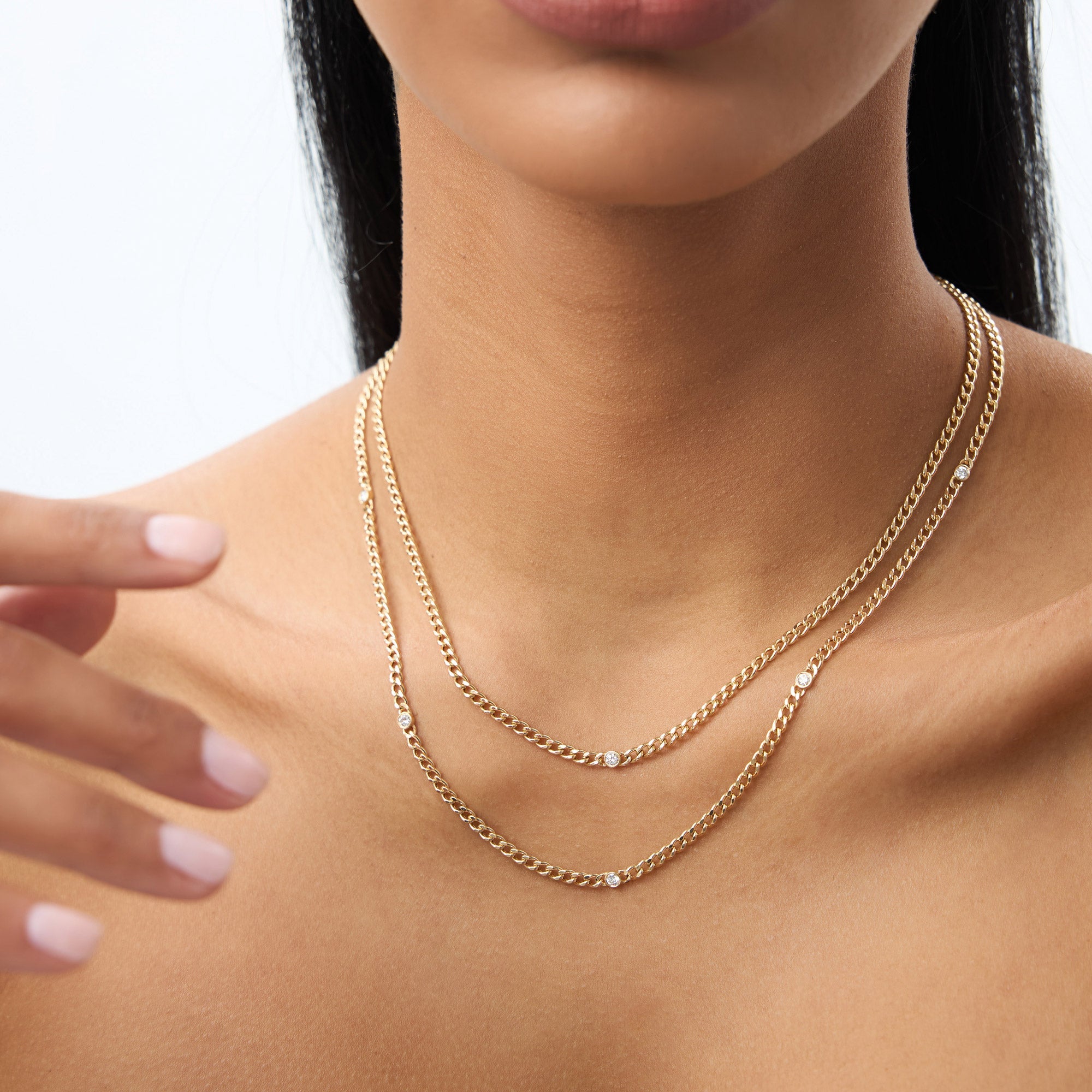 OBFJ2010 - Cuban Link Necklace w/ Bezel Setting Diamond necklace in selectable metal and diamond options - Roselle Jewelry view 5