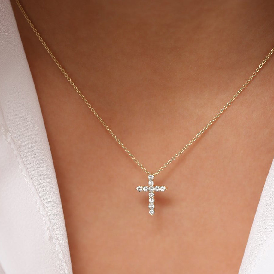 OBFJ1933 - Diamond Cross Necklace necklace in selectable metal and diamond options - Roselle Jewelry view 2