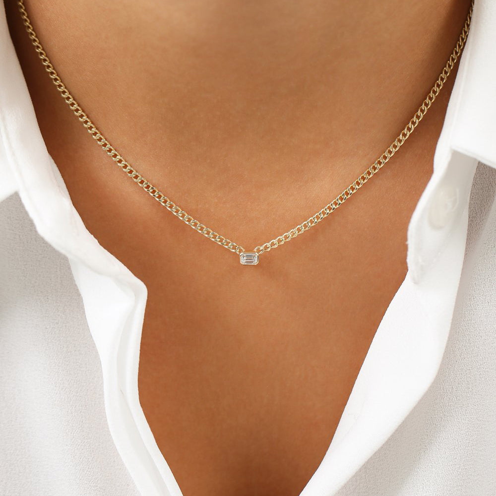 OBFJ1963 - 14k Gold Cuban Link Bezel Setting Emerald Cut Diamond Necklace 3