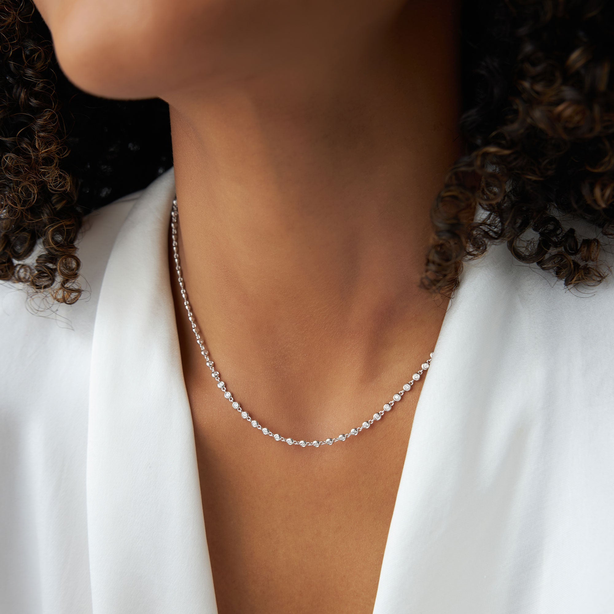 OBFJ2014 - Bezel Setting Diamond Tennis Necklace necklace in selectable metal and diamond options - Roselle Jewelry view 4