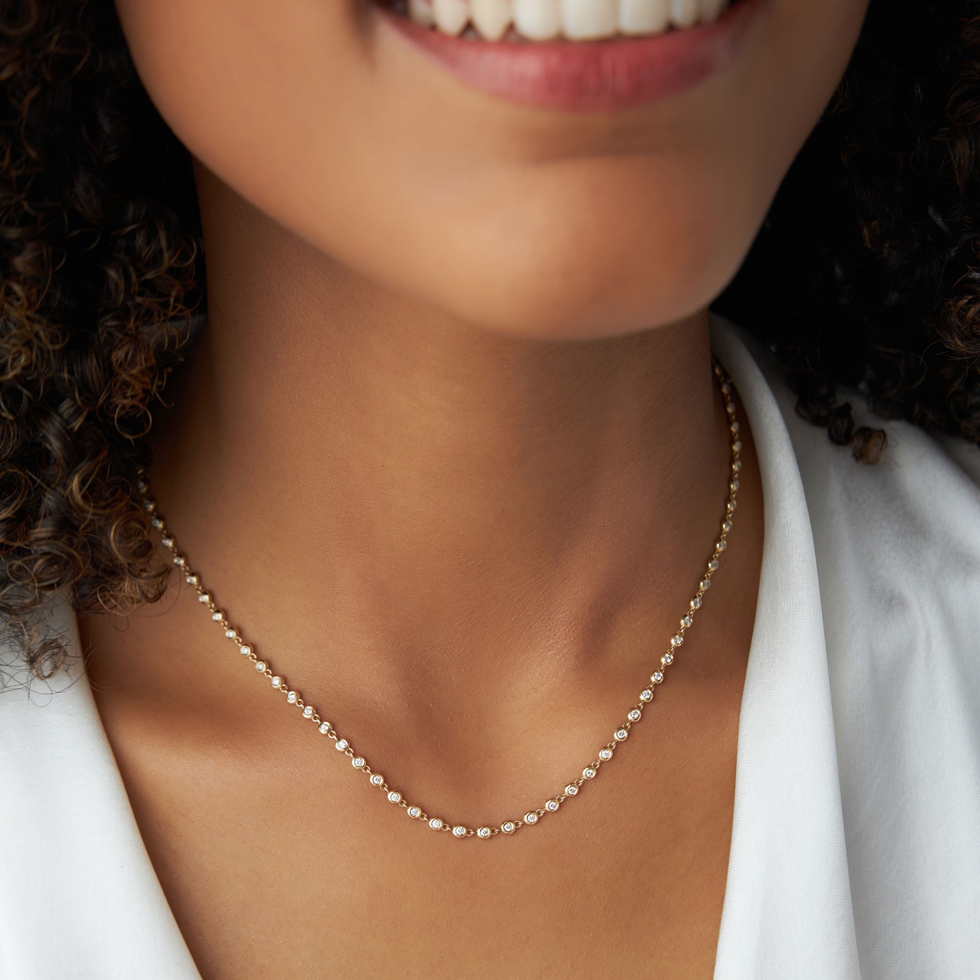 OBFJ2014 - Bezel Setting Diamond Tennis Necklace necklace in selectable metal and diamond options - Roselle Jewelry view 5