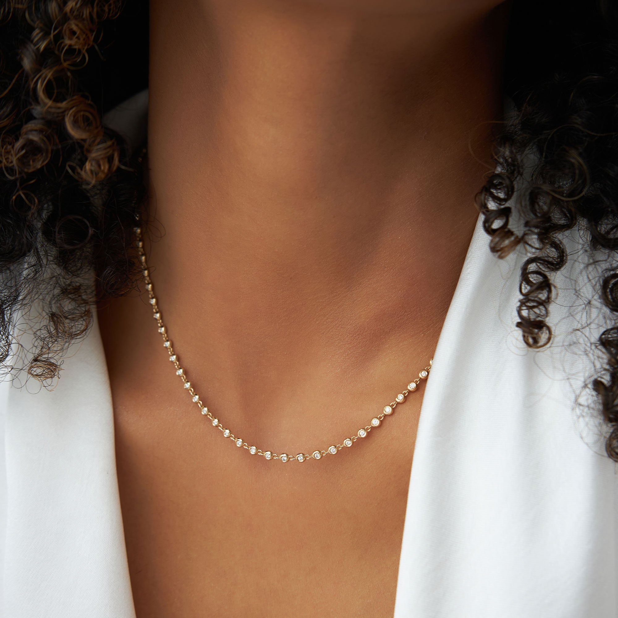 OBFJ2014 - Bezel Setting Diamond Tennis Necklace necklace in selectable metal and diamond options - Roselle Jewelry view 6