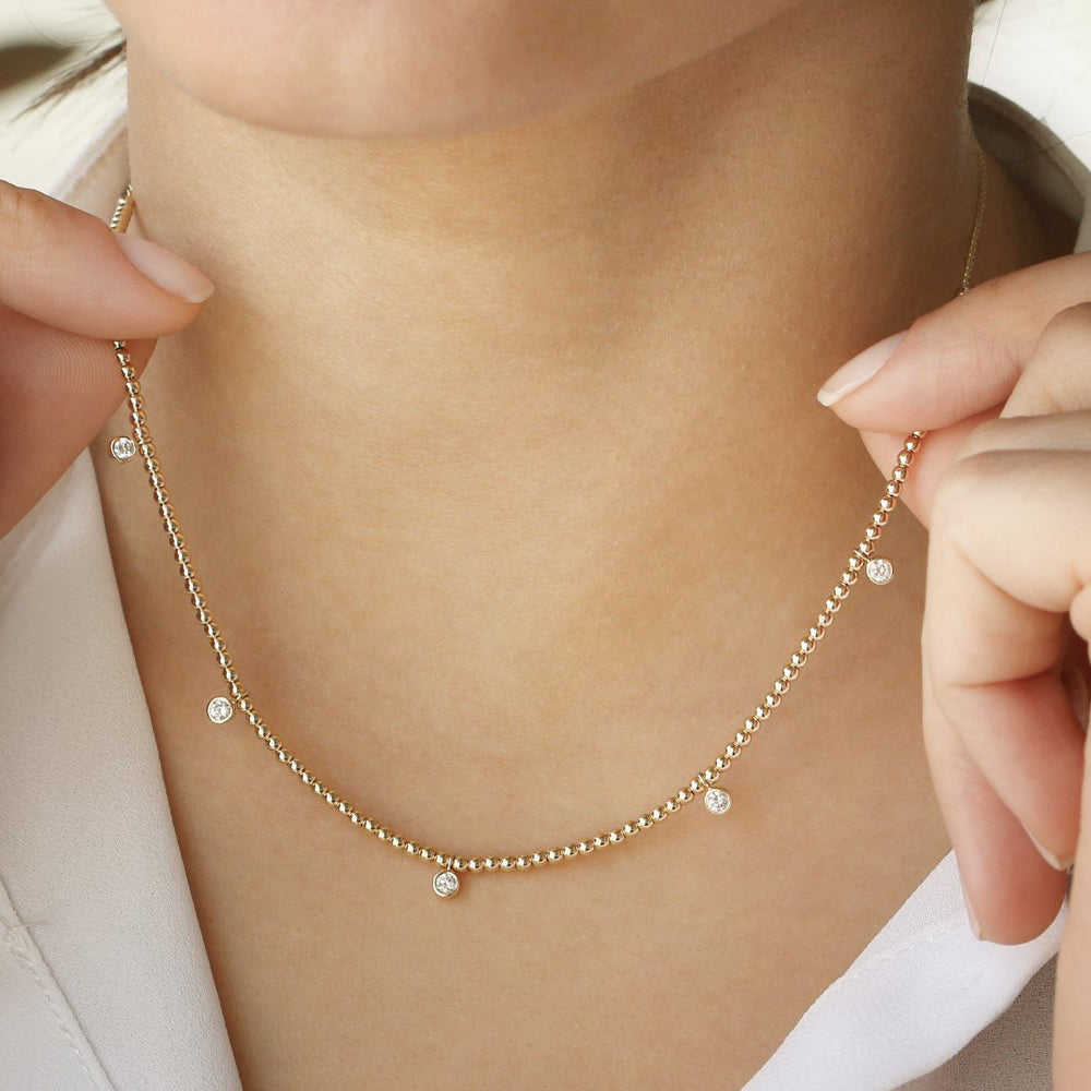 OBFJ2051 - 2MM Bead Necklace with Dangling Bezel Setting Diamonds necklace in selectable metal and diamond options - Roselle Jewelry view 3