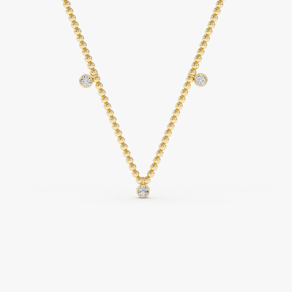 OBFJ2051 - 2MM Bead Necklace with Dangling Bezel Setting Diamonds necklace in selectable metal and diamond options - Roselle Jewelry view 1
