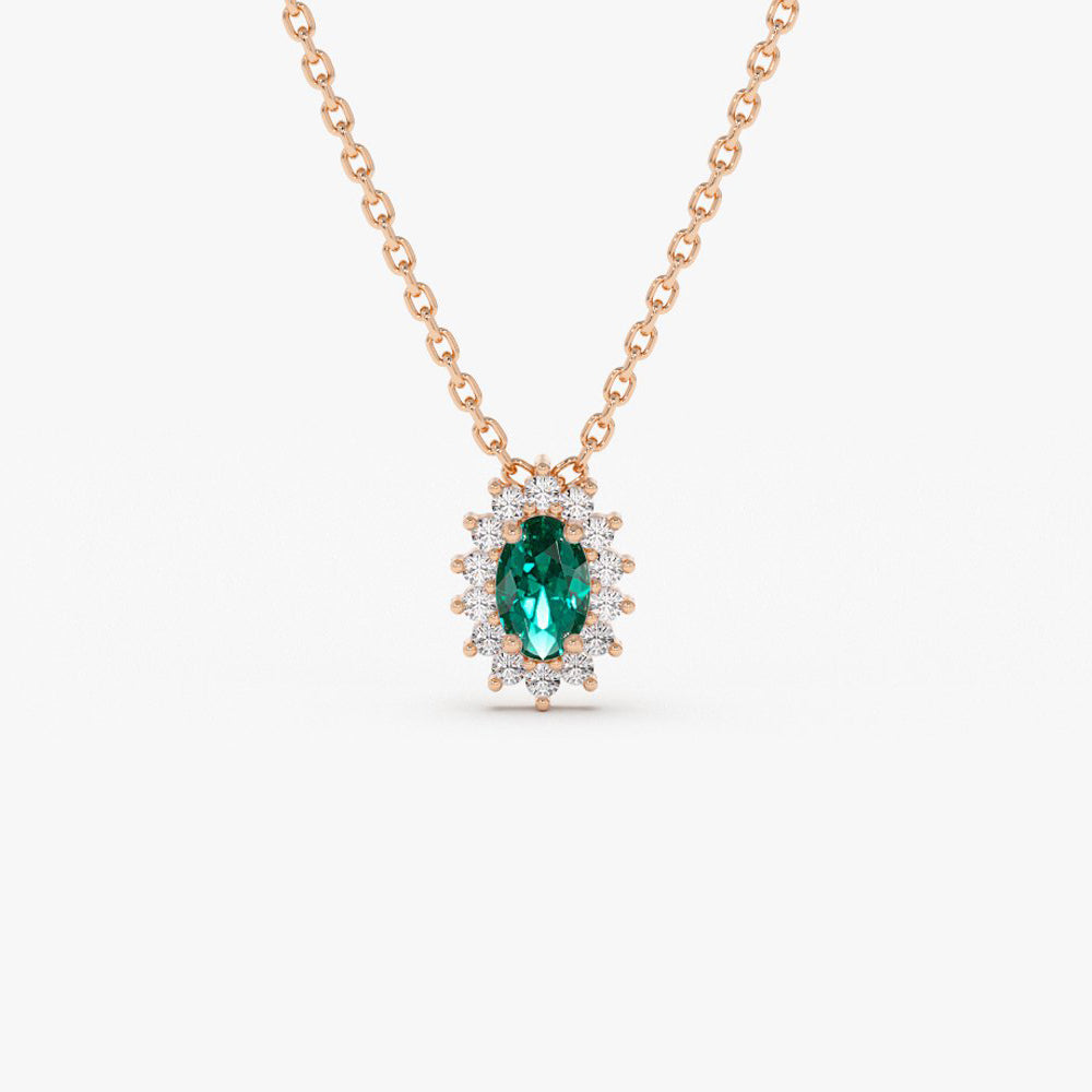 OBFJ2052 - Emerald Necklace with Halo Diamonds necklace in selectable metal and diamond options - Roselle Jewelry view 4