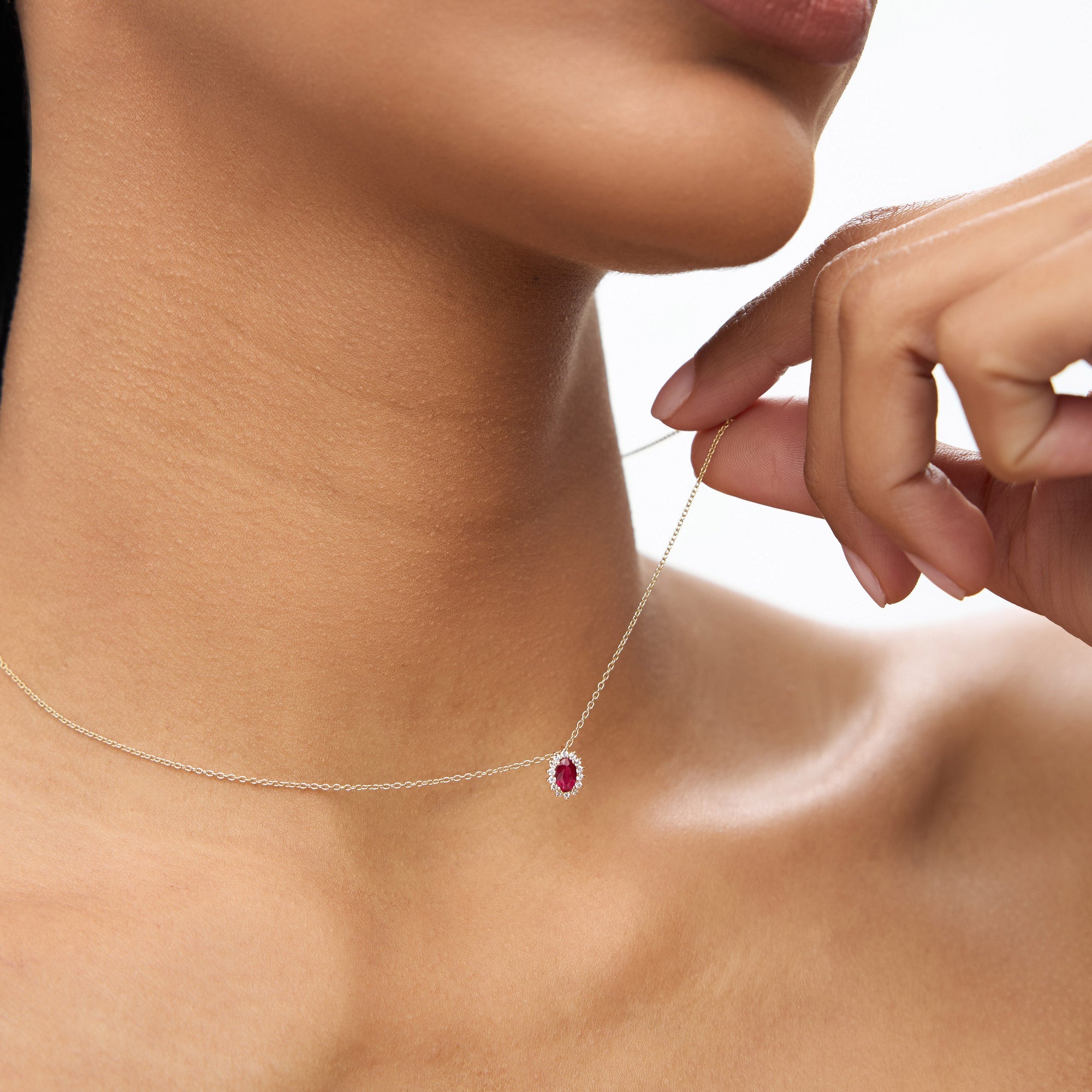 OBFJ1374 - 14k Ruby Necklace with Halo Diamonds 3