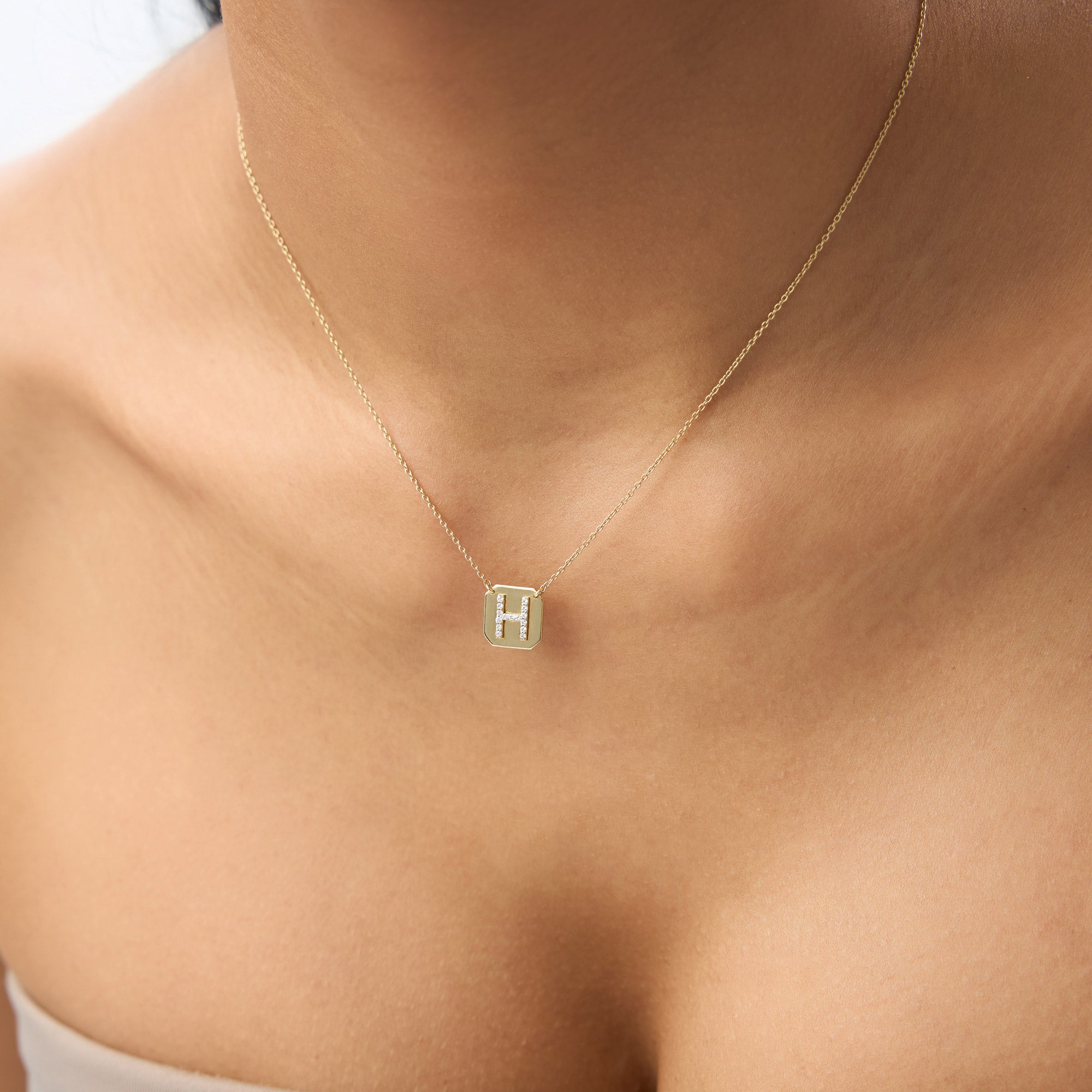 OBFJ2077 - Solid Gold Diamond Letter Necklace necklace in selectable metal and diamond options - Roselle Jewelry view 5