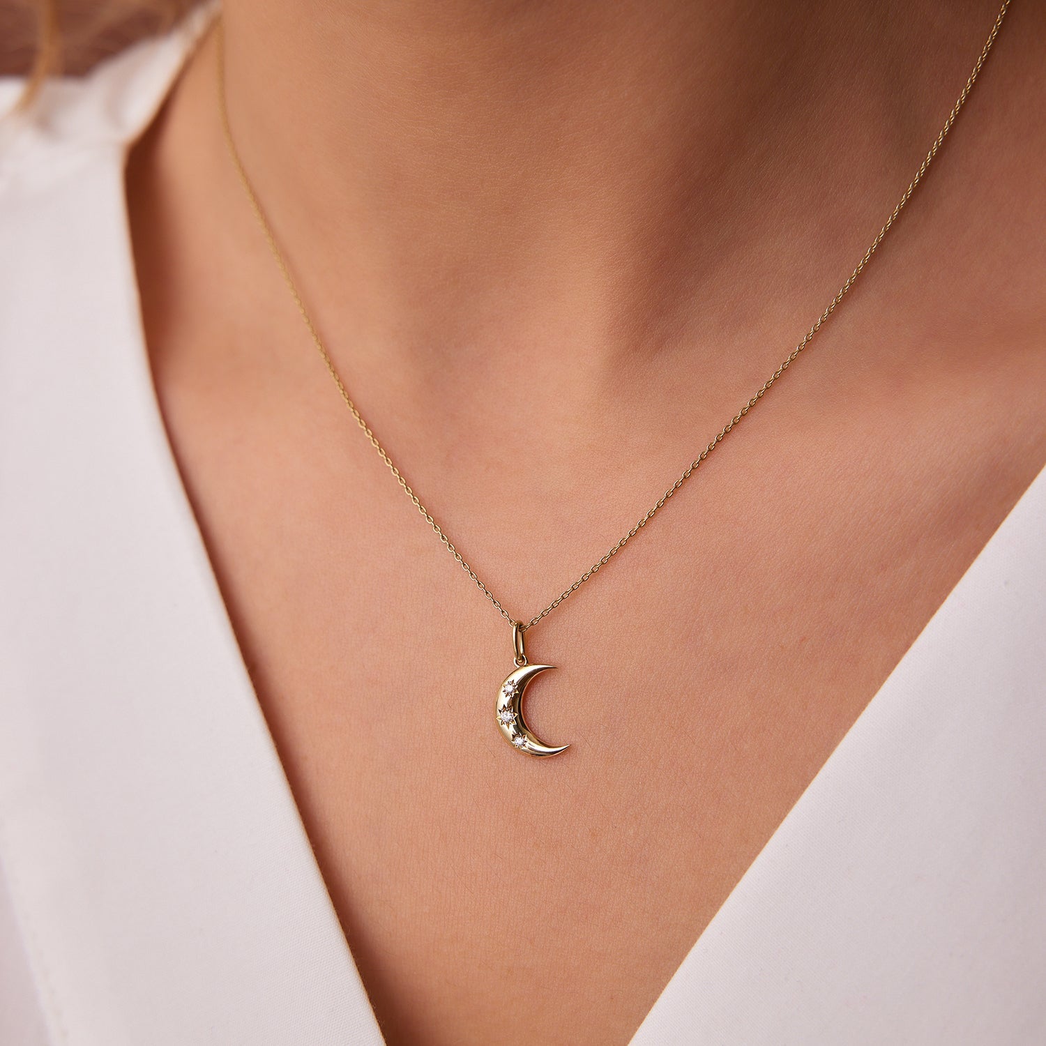 OBFJ2159 - Star Setting Crescent Diamond Necklace necklace in selectable metal and diamond options - Roselle Jewelry view 5