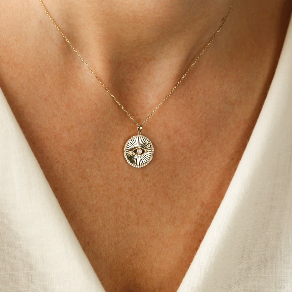 OBFJ2188 - Evil Eye Diamond Medallion Necklace necklace in selectable metal and diamond options - Roselle Jewelry view 5
