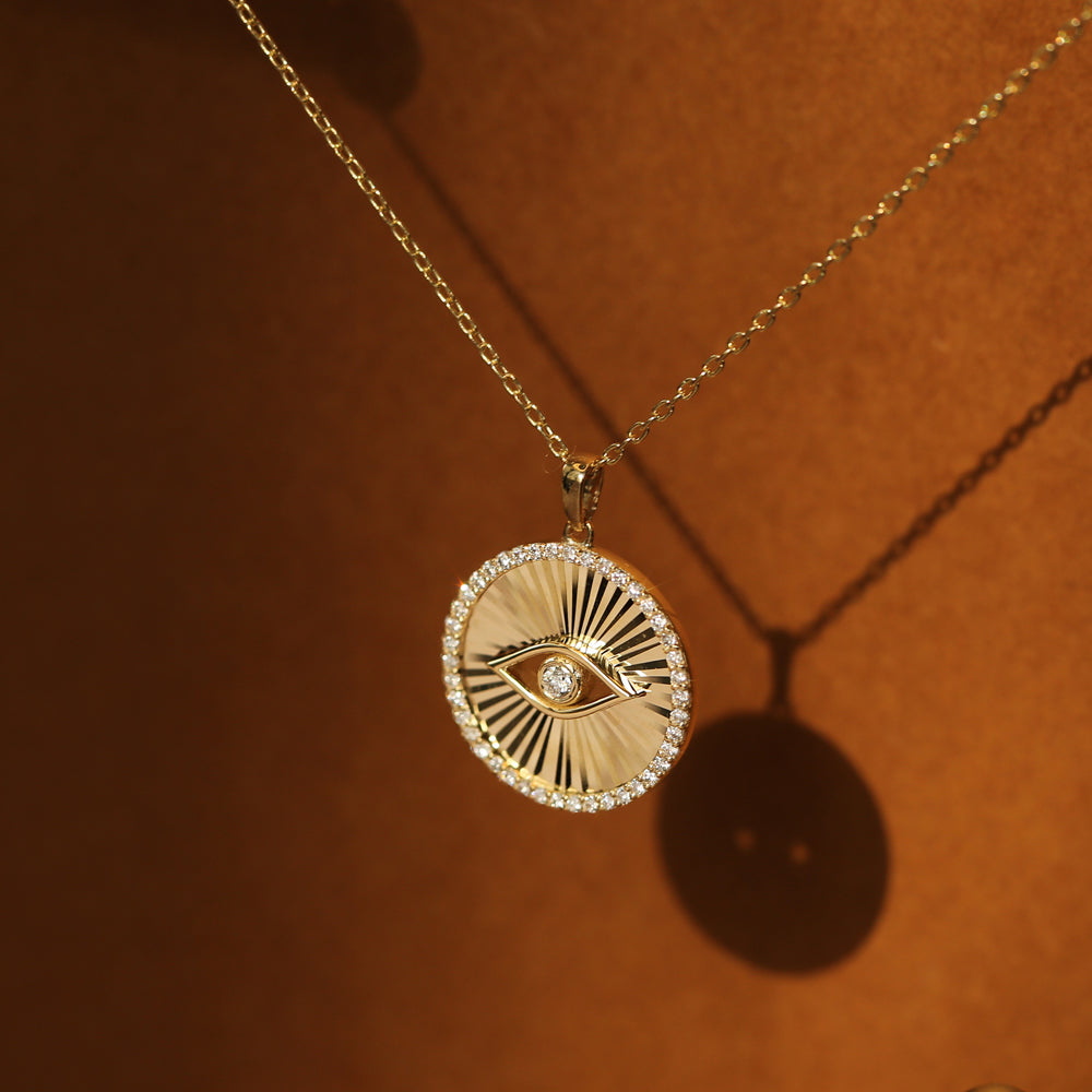 OBFJ2188 - Evil Eye Diamond Medallion Necklace necklace in selectable metal and diamond options - Roselle Jewelry view 6
