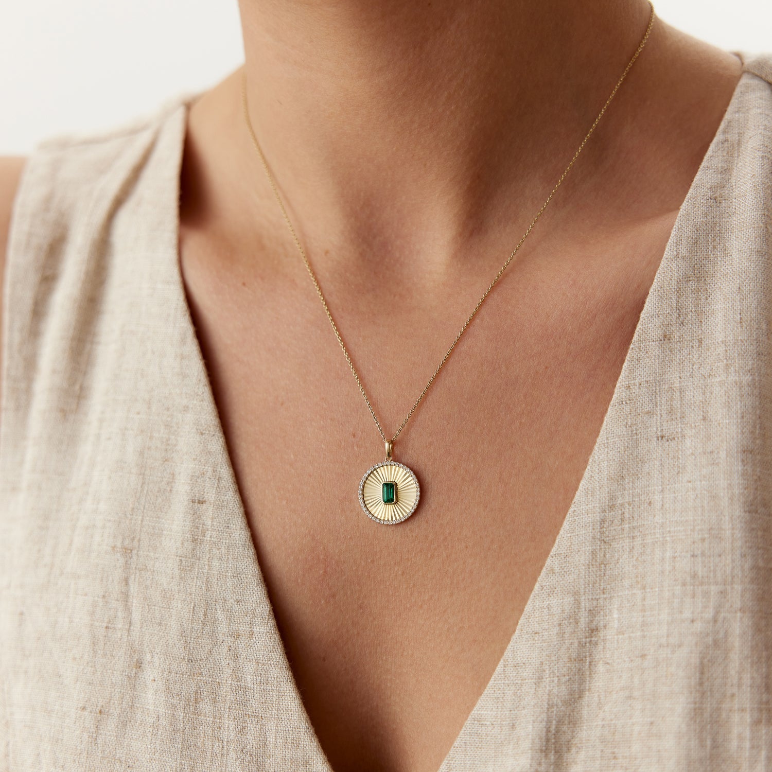 OBFJ2187 - Emerald and Diamond Medallion Necklace necklace in selectable metal and diamond options - Roselle Jewelry view 5