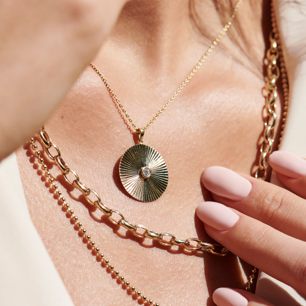 OBFJ2243 - Large Diamond Disc Ray Necklace in necklace in selectable metal and diamond options - Roselle Jewelry view 2