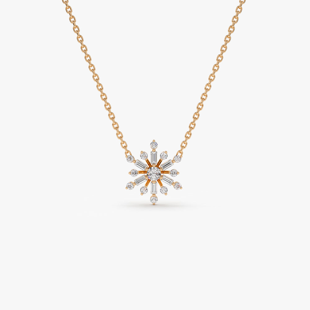 OBFJ1489 - 14k Baguette and Round Diamond Snowflake Necklace 5