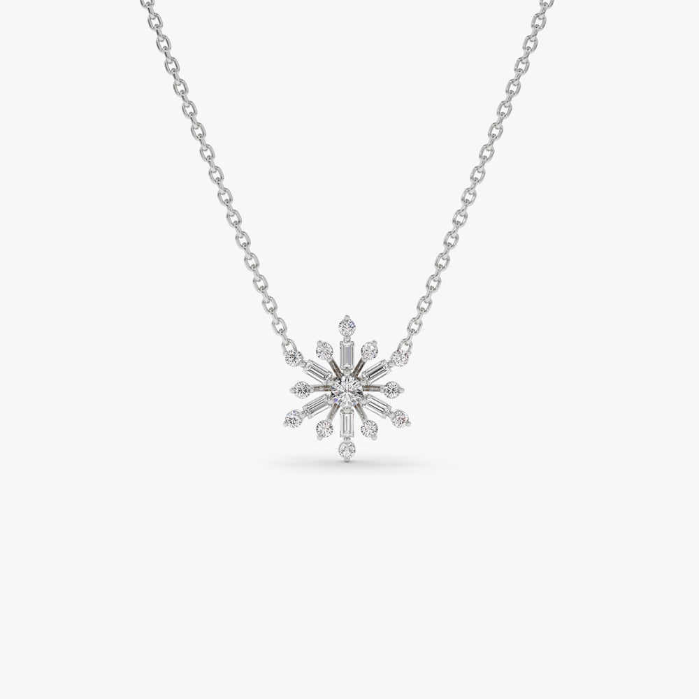 OBFJ1489 - 14k Baguette and Round Diamond Snowflake Necklace 6