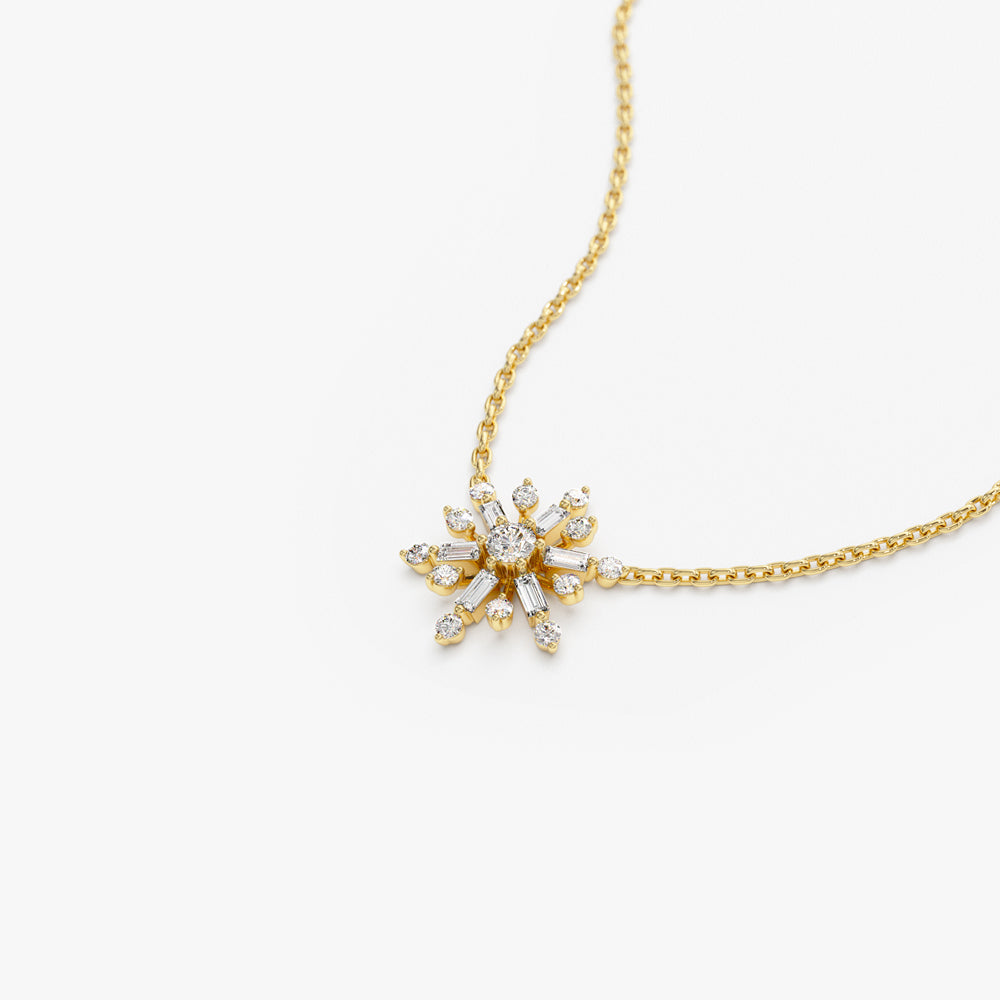 OBFJ1489 - 14k Baguette and Round Diamond Snowflake Necklace 7