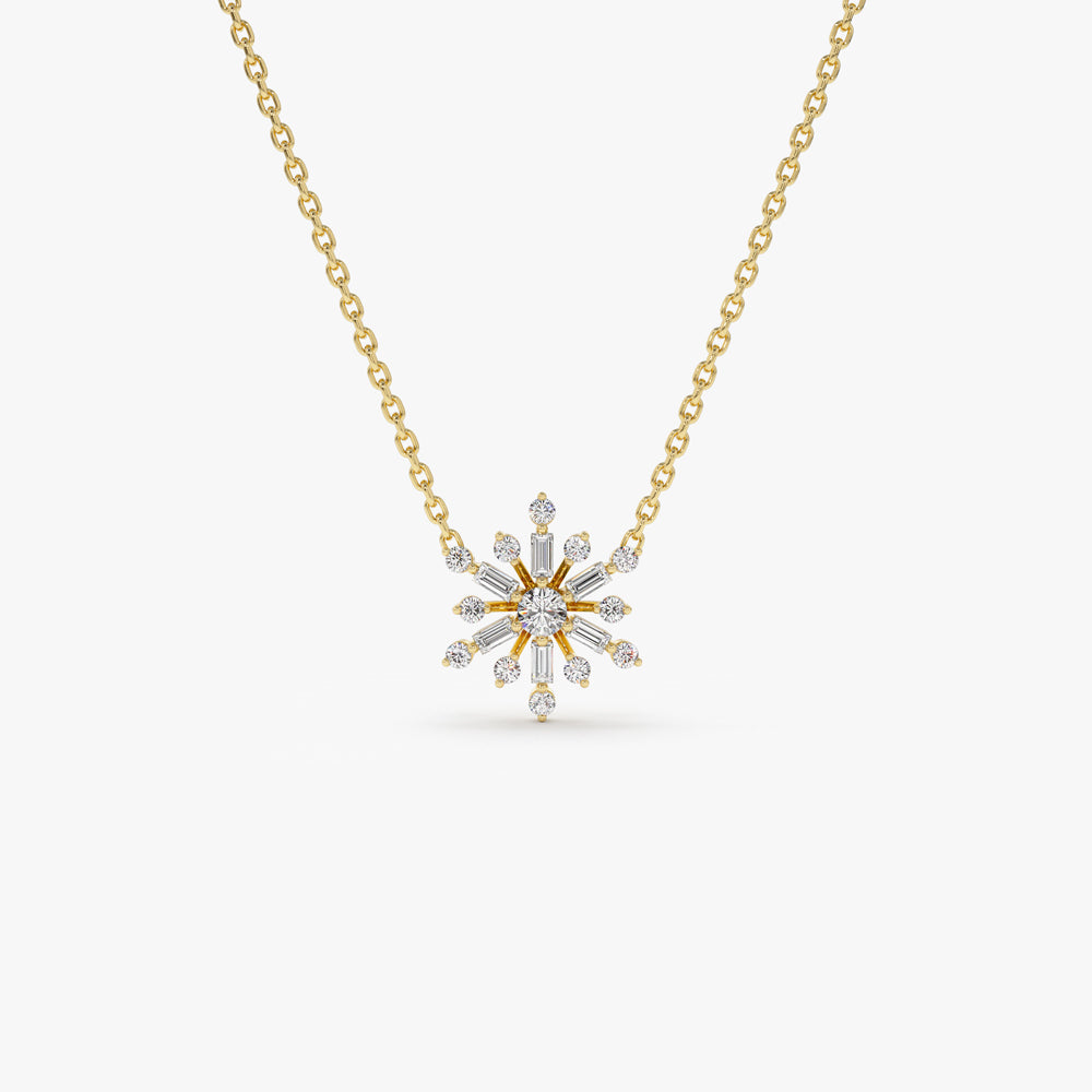 OBFJ1489 - 14k Baguette and Round Diamond Snowflake Necklace 1