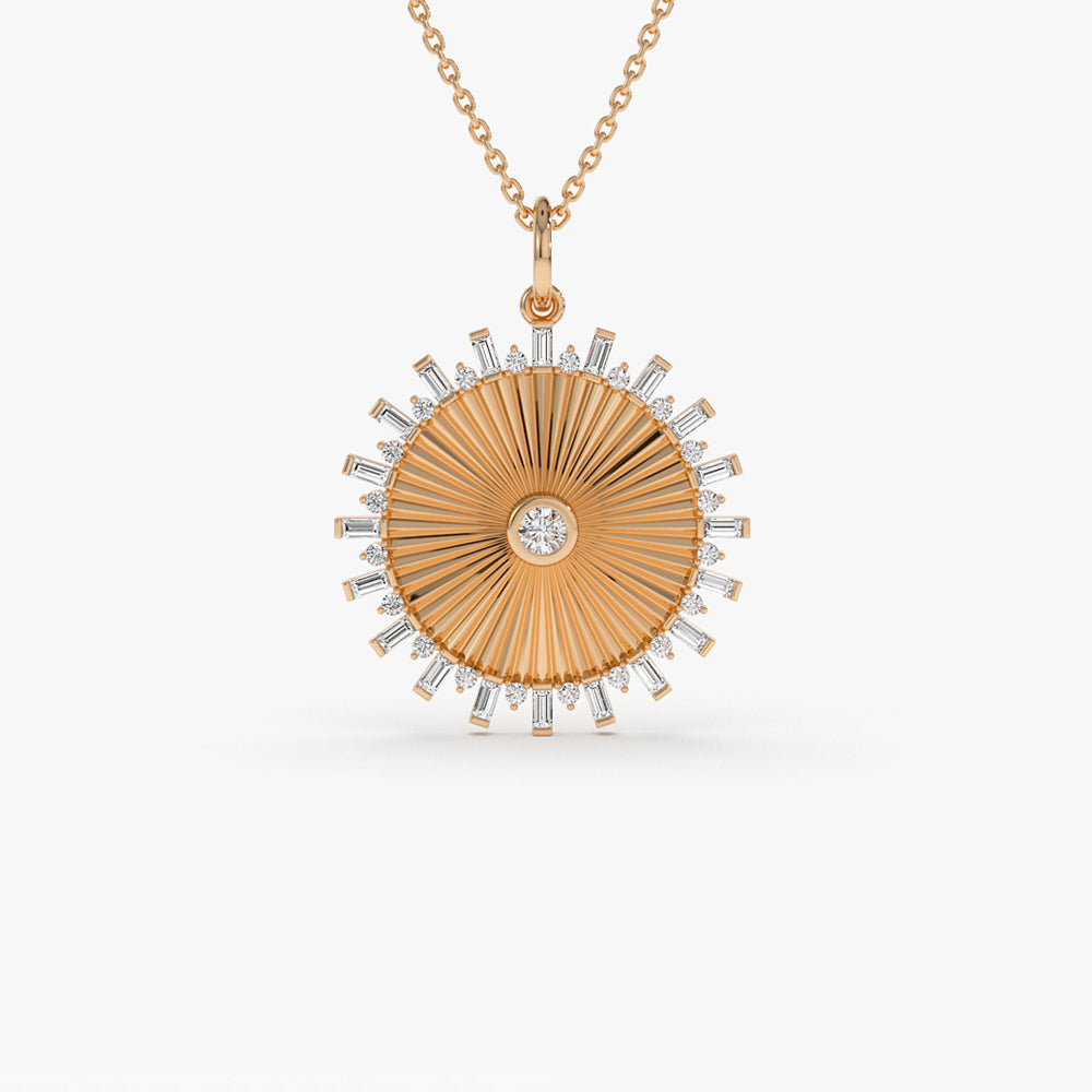 OBFJ1467 - 14k Baguette and Round Diamond Disc Ray Necklace 5